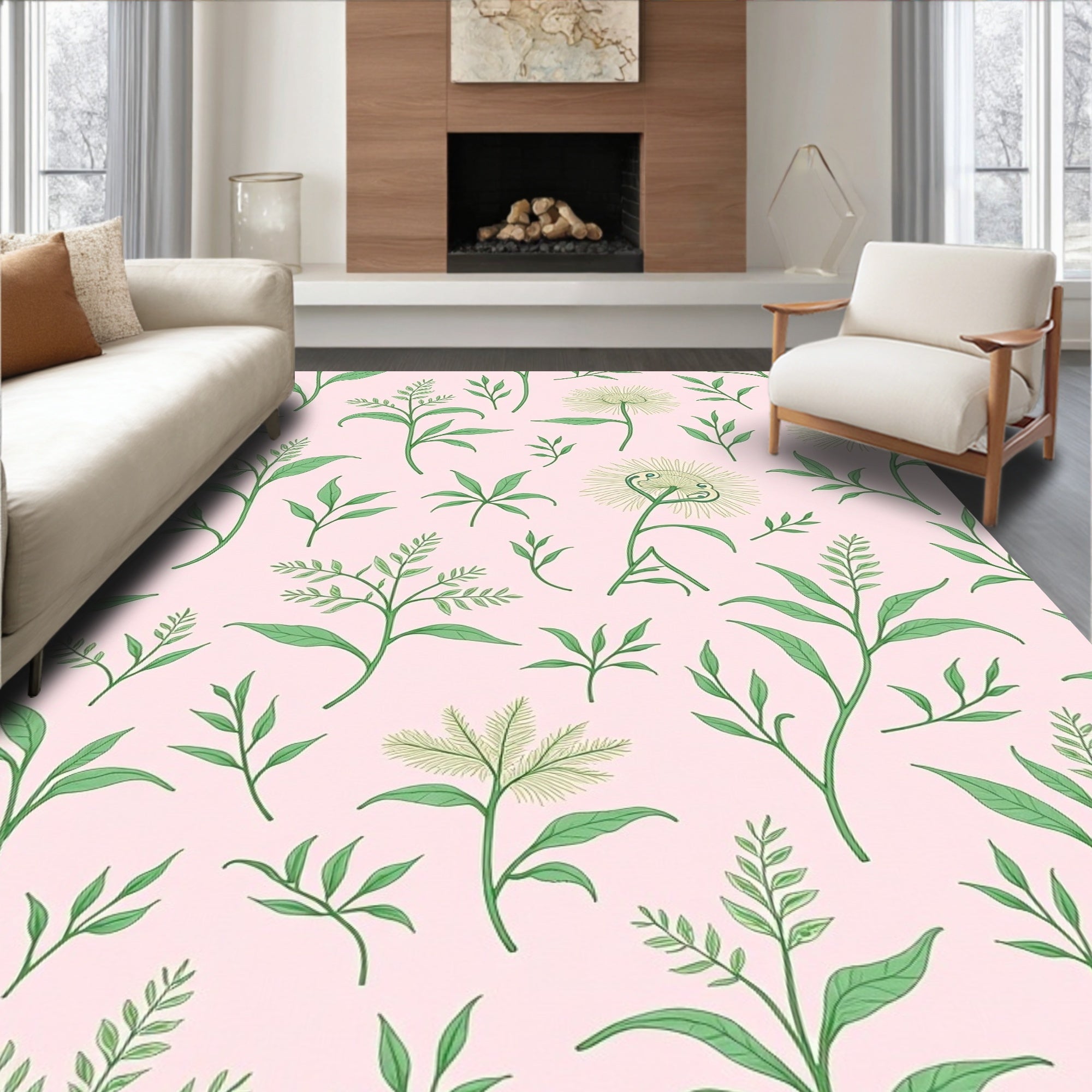 Pastel Pink Green Flora Botanical Rug
