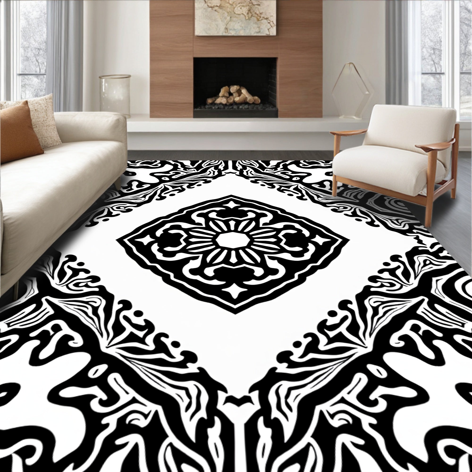 Bold Black White Mandala Pattern Rug
