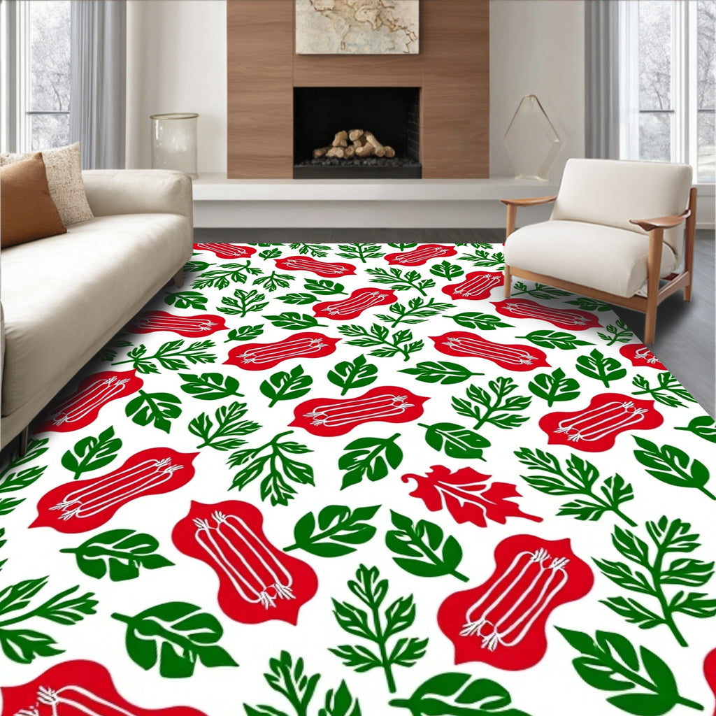 Red Elongated Floral Pattern Rug
