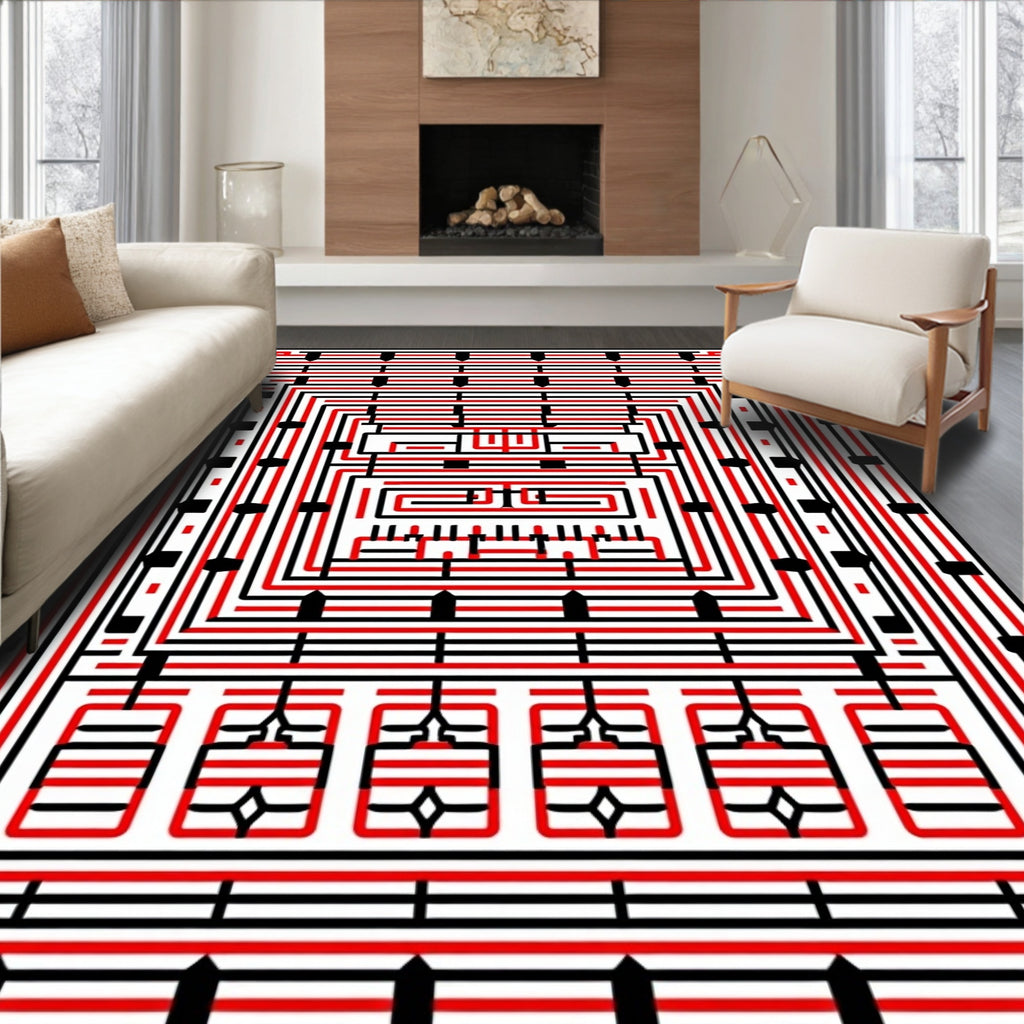 Bold Red Black Geometric Maze Rug