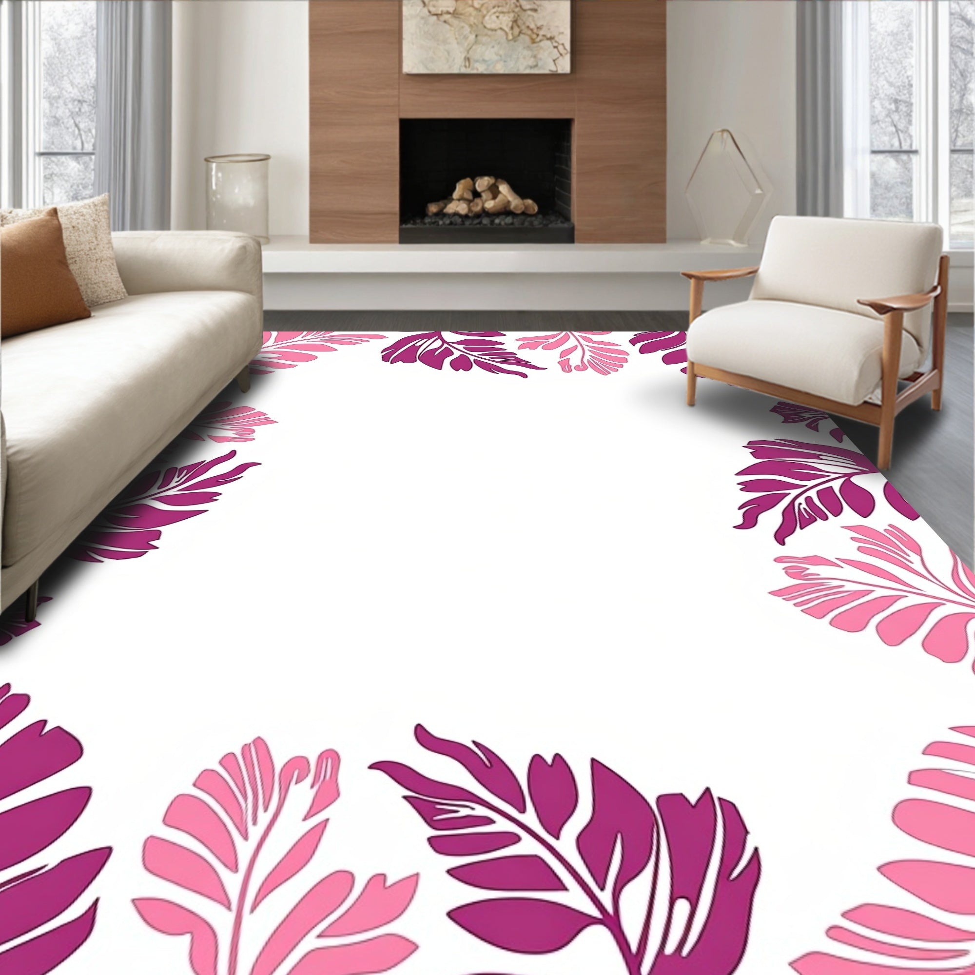 Fuchsia Pink Tropical Leaf Border Rug