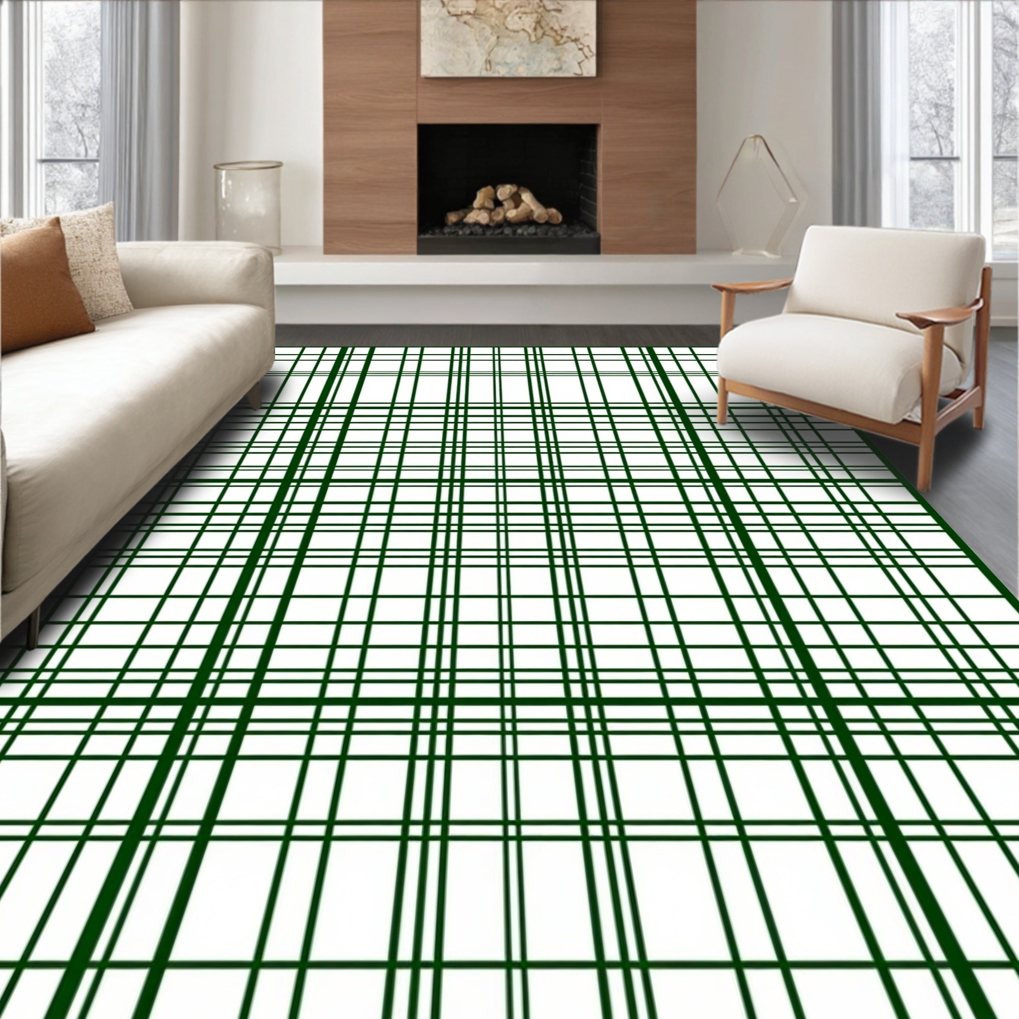 Classic Green White Plaid Pattern Rug