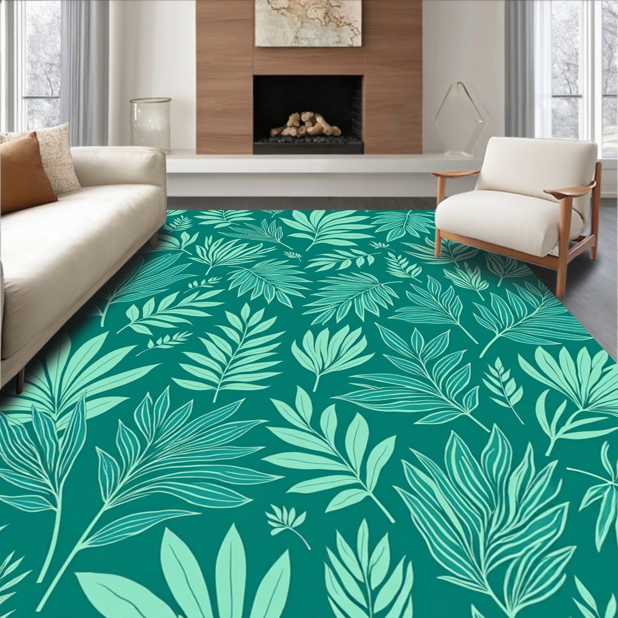 Emerald Tropical Leaf Pattern Rug