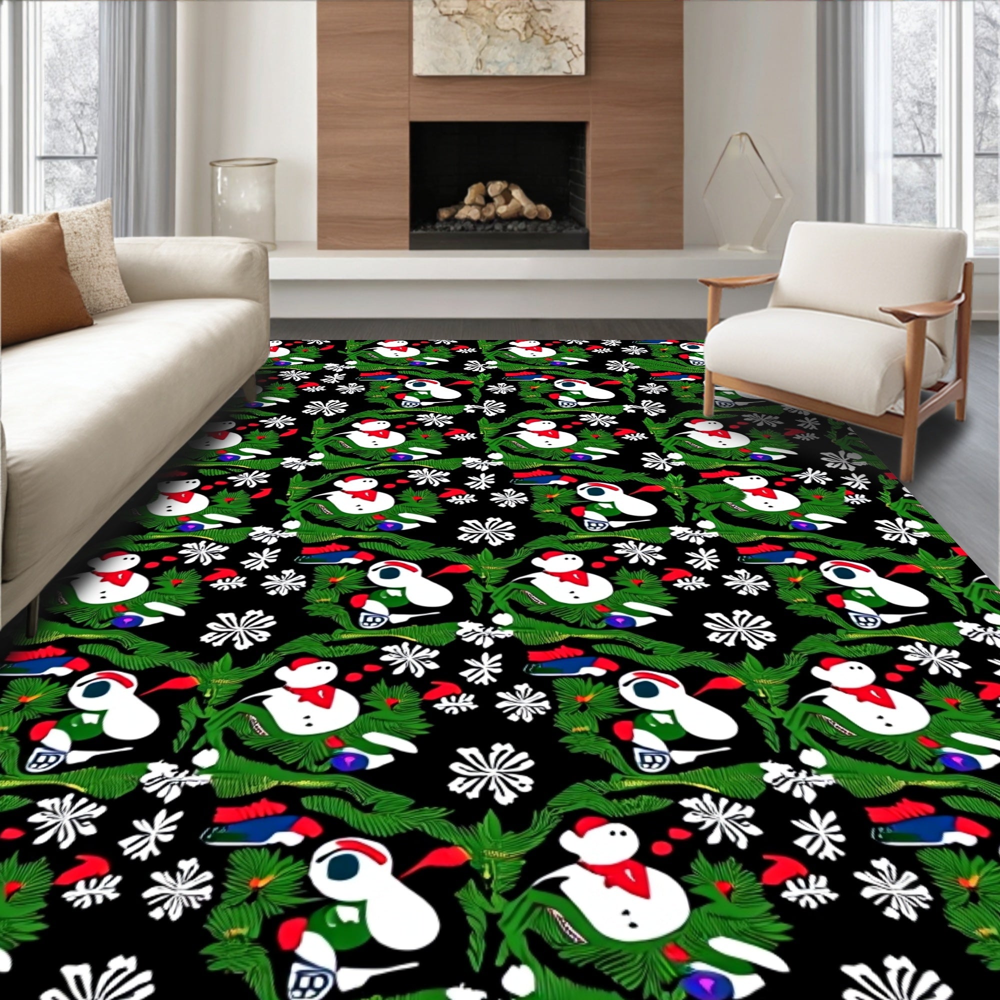Festive Snowman Red Green Garland Rug
