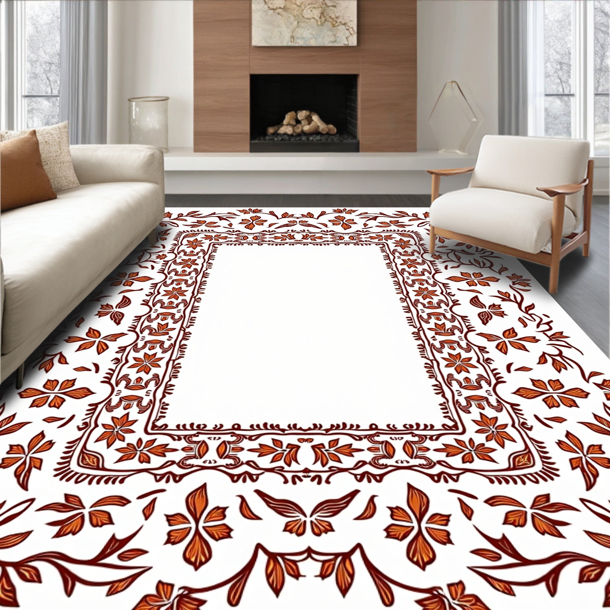 Ornate Floral Vines Border Rug