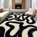 Black Cream Wavy Abstract Brushstroke Rug