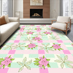 Pink Roses Botanical Checkered Design Rug