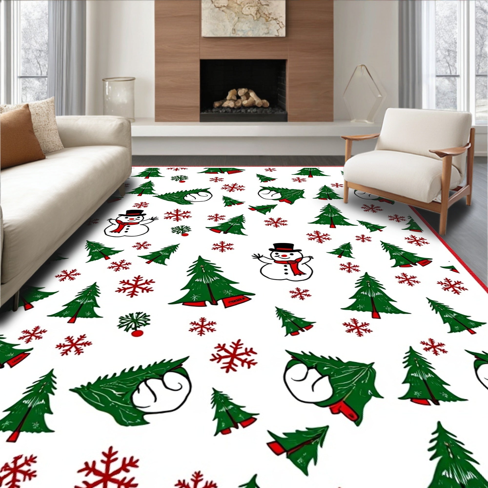 Festive Snowman Christmas Tree Snowflakes Rug