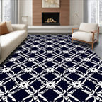 Navy White Elegant Floral Lattice Pattern Rug