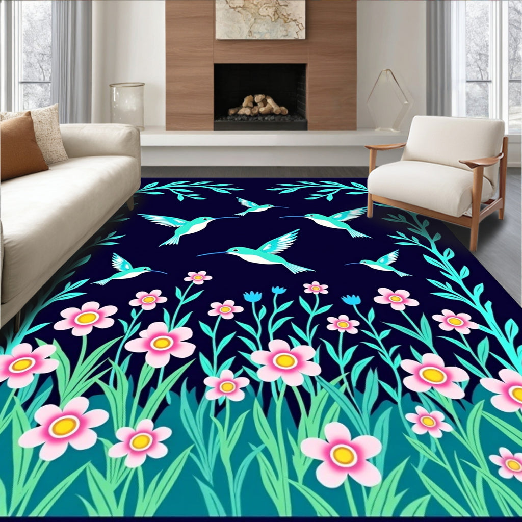 Turquoise Hummingbird Floral Meadow Rug