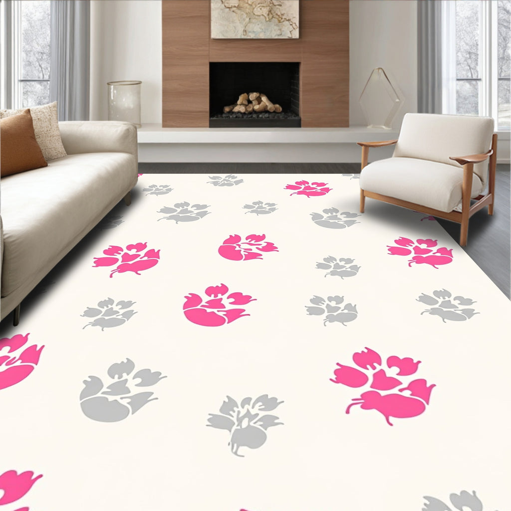 Pink Gray Floral Whimsical Pattern Rug