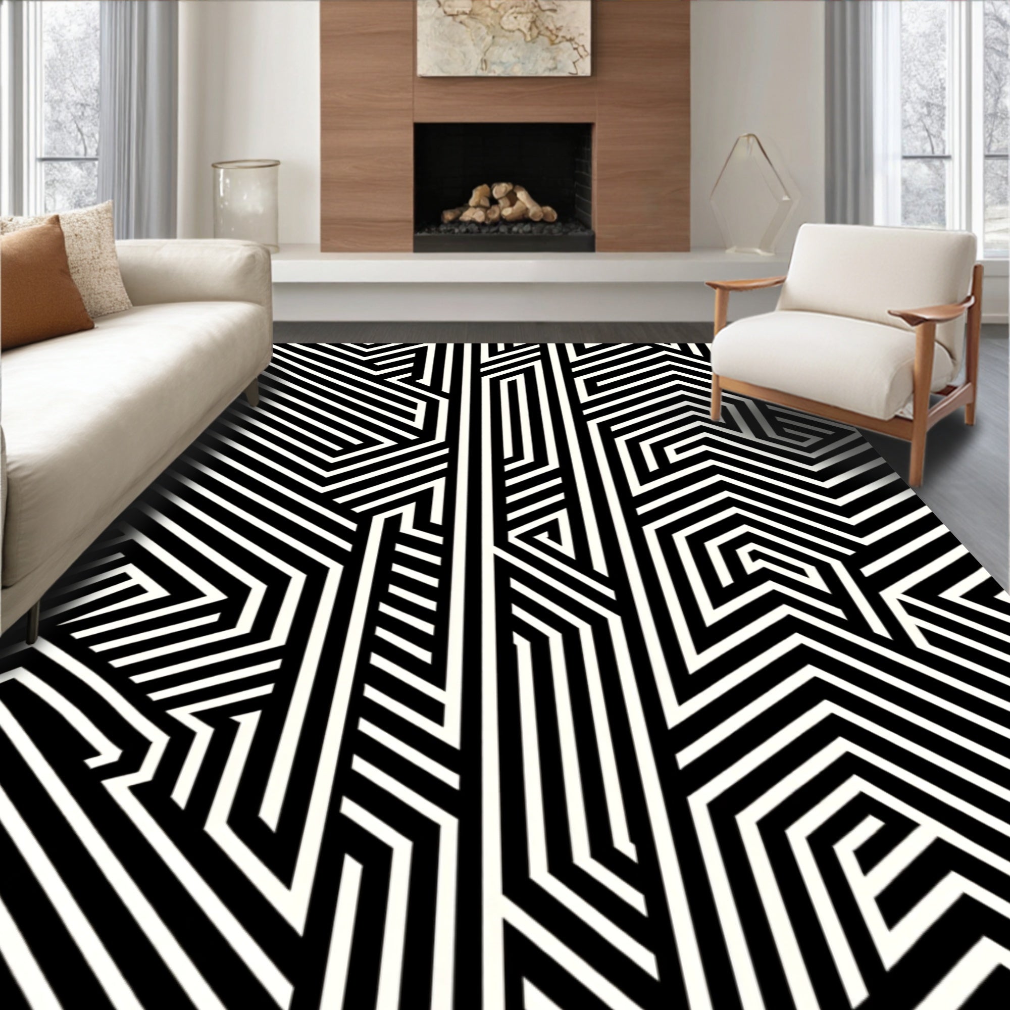 Bold Black White Geometric Lines Rug