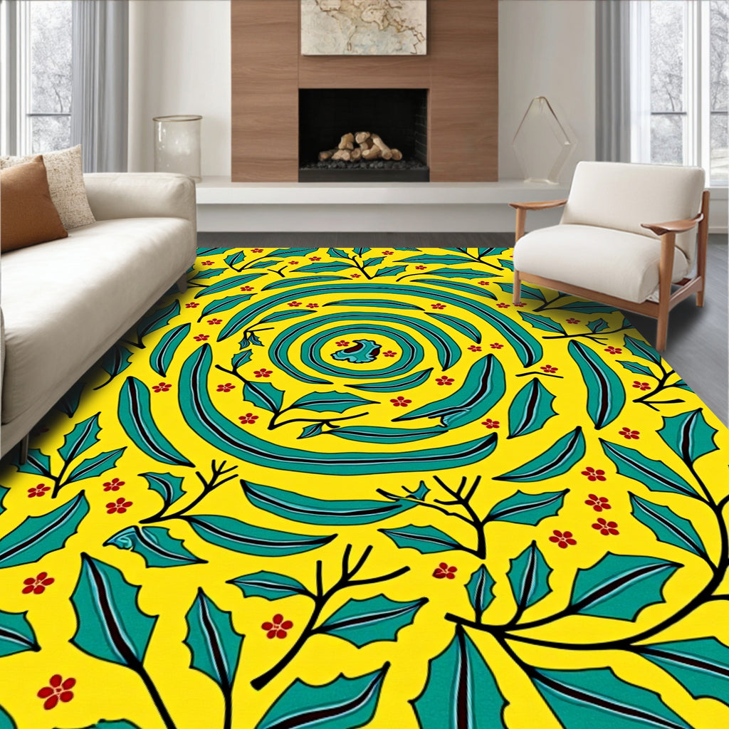 Vibrant Yellow Teal Swirl Floral Pattern Rug
