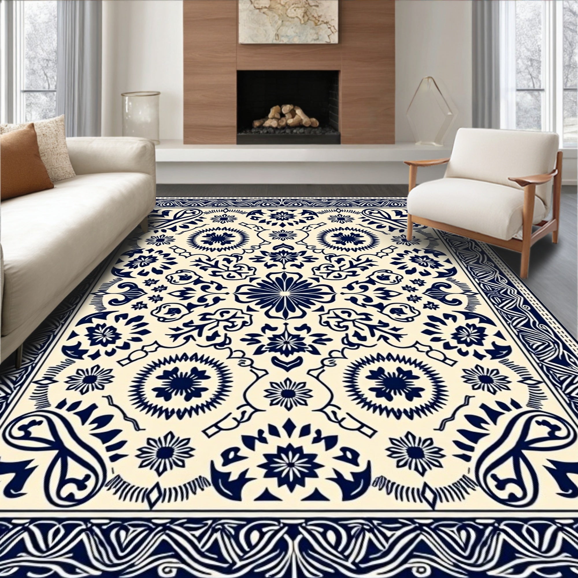 Classic Blue Ivory Floral Medallion Rug