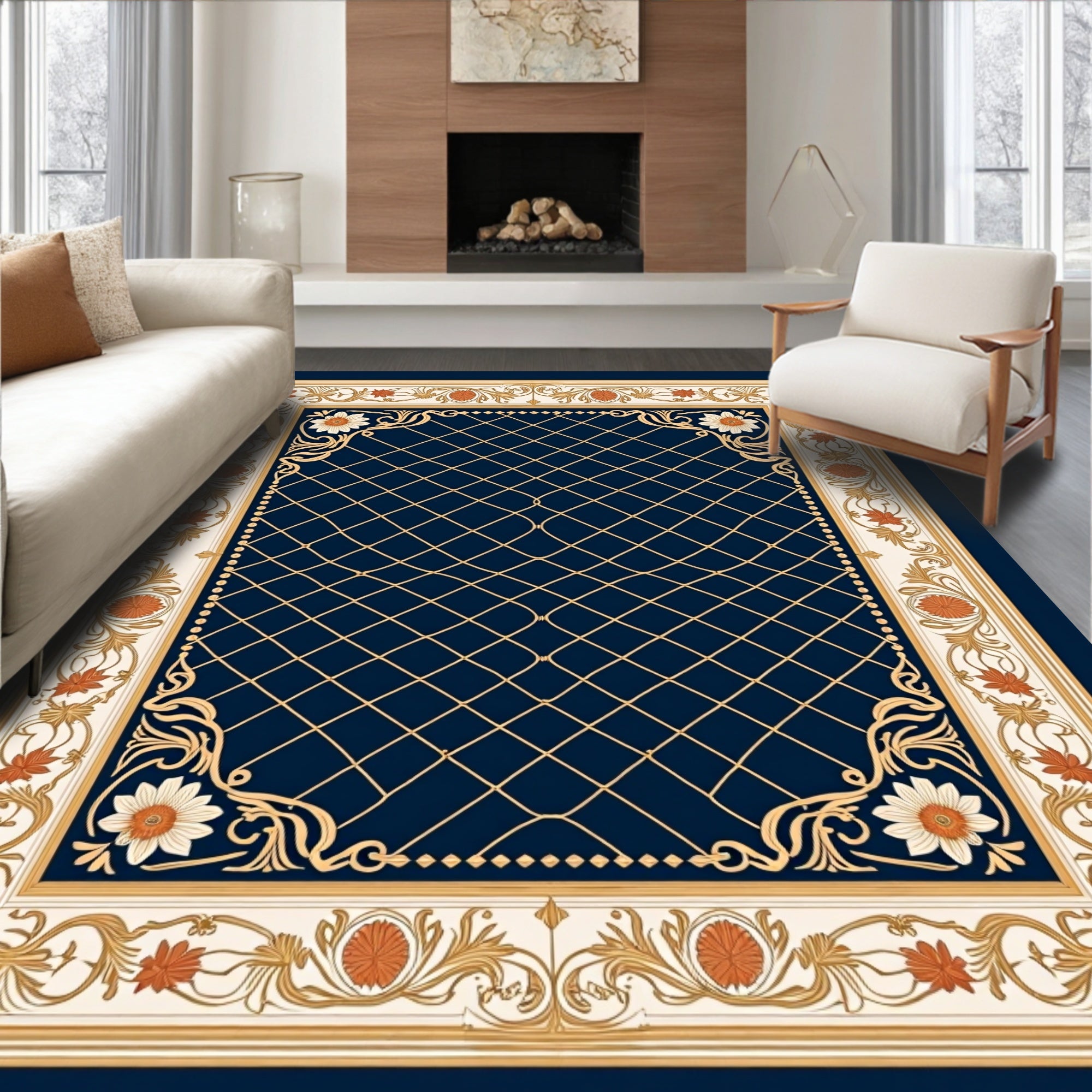 Ornate Floral Lattice Border Design Rug