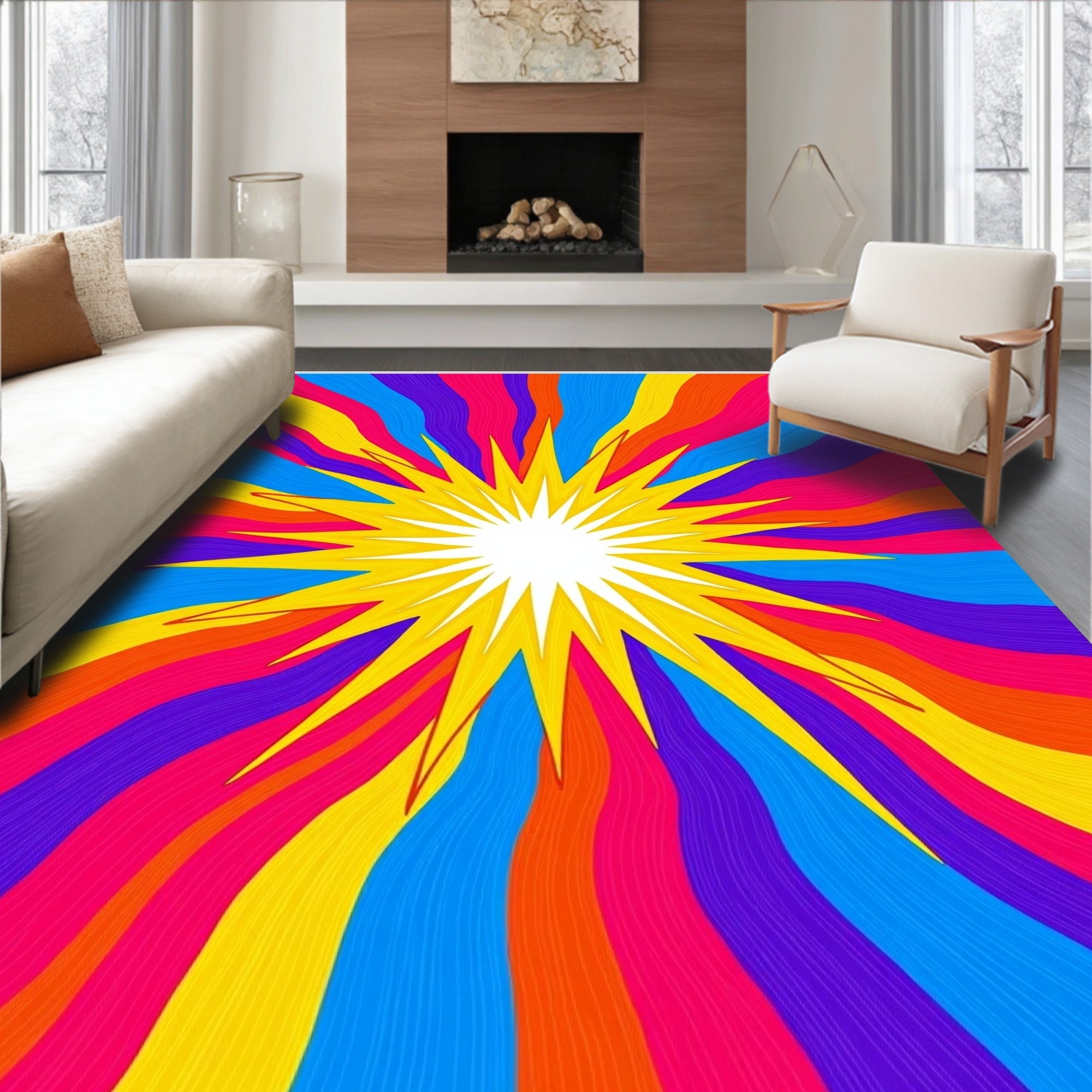 Vibrant Sunburst Wave Pattern Rug