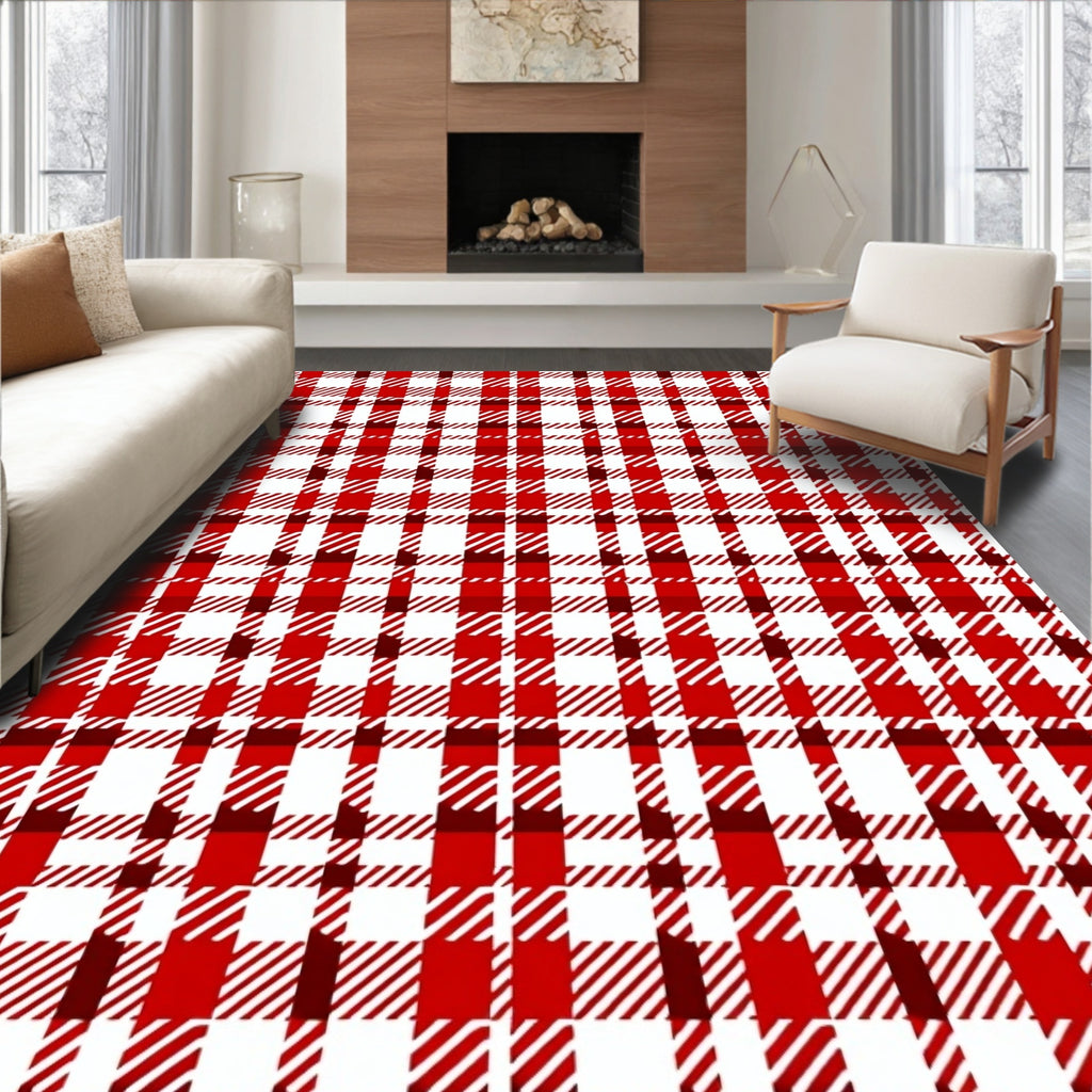 Classic Red White Plaid Pattern Rug