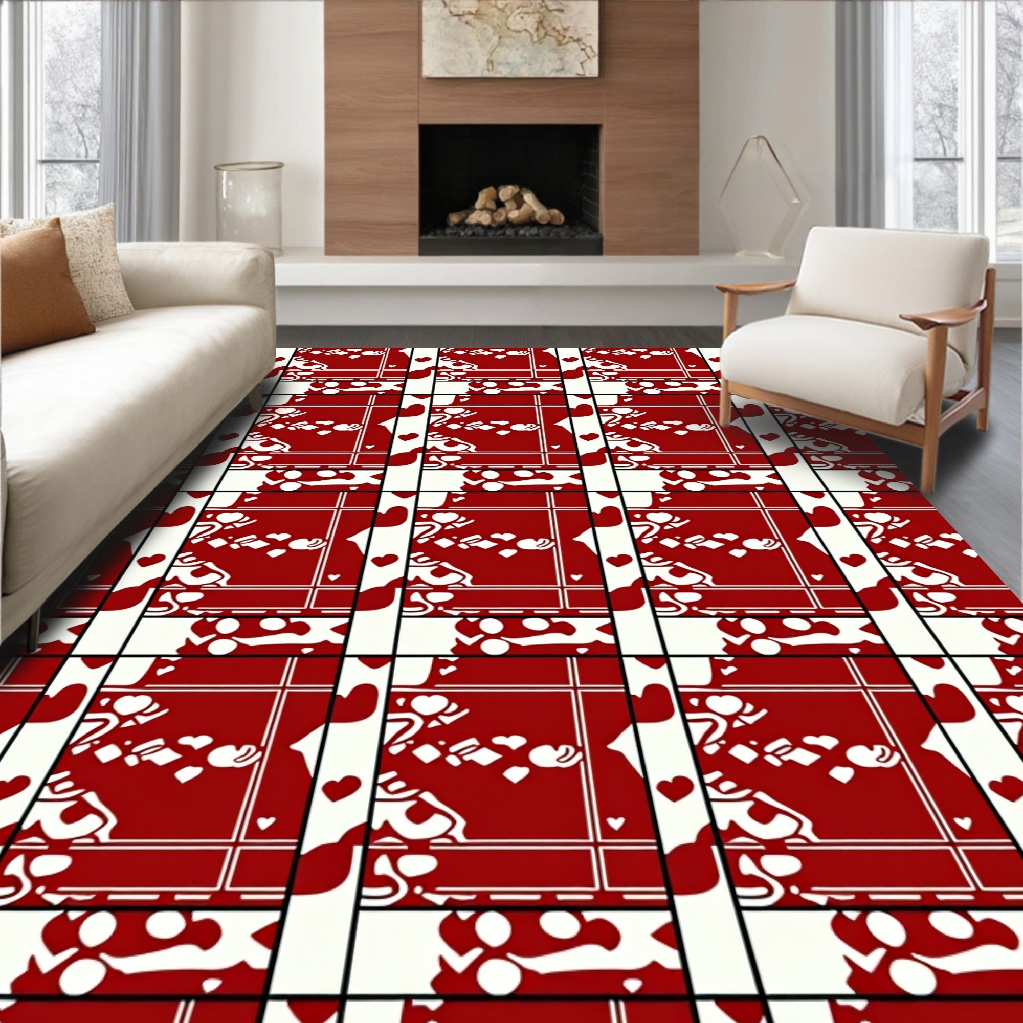 Red Hearts With White Abstract Pattern Rug