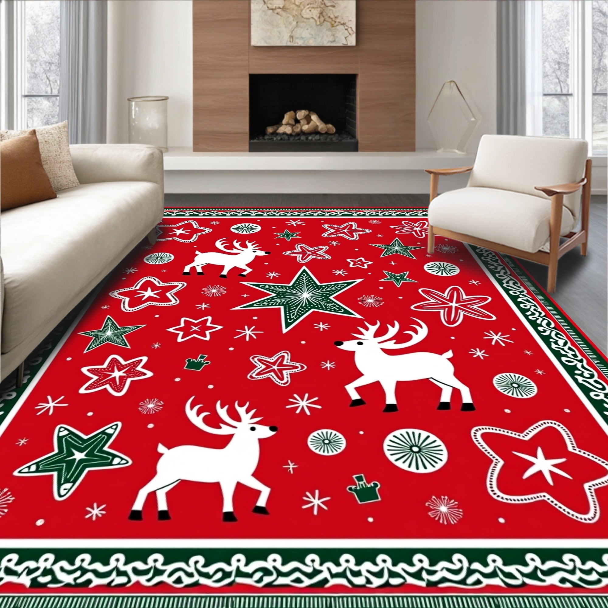 Holiday Reindeer Star Burst Red Rug