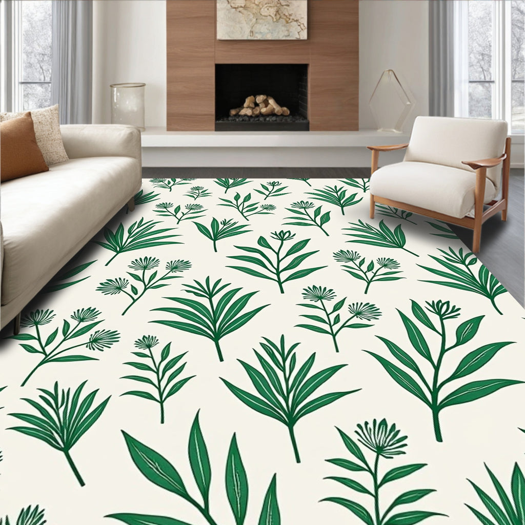 Minimalist Green Botanical Pattern Rug