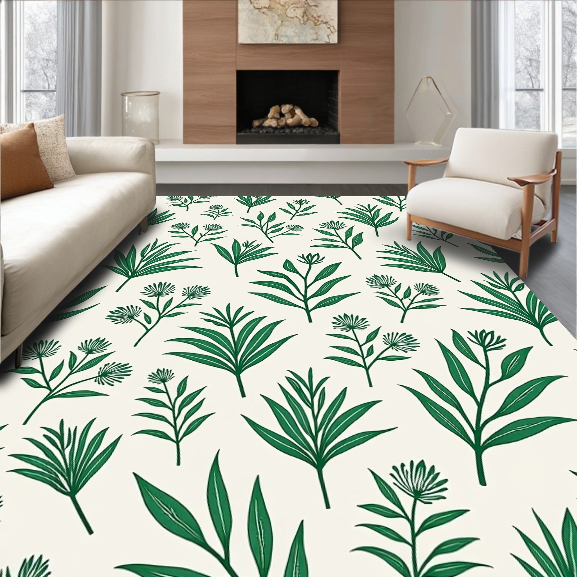 Minimalist Green Botanical Pattern Rug