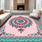 Pink Teal Mandala Inspired Floral Pattern Rug