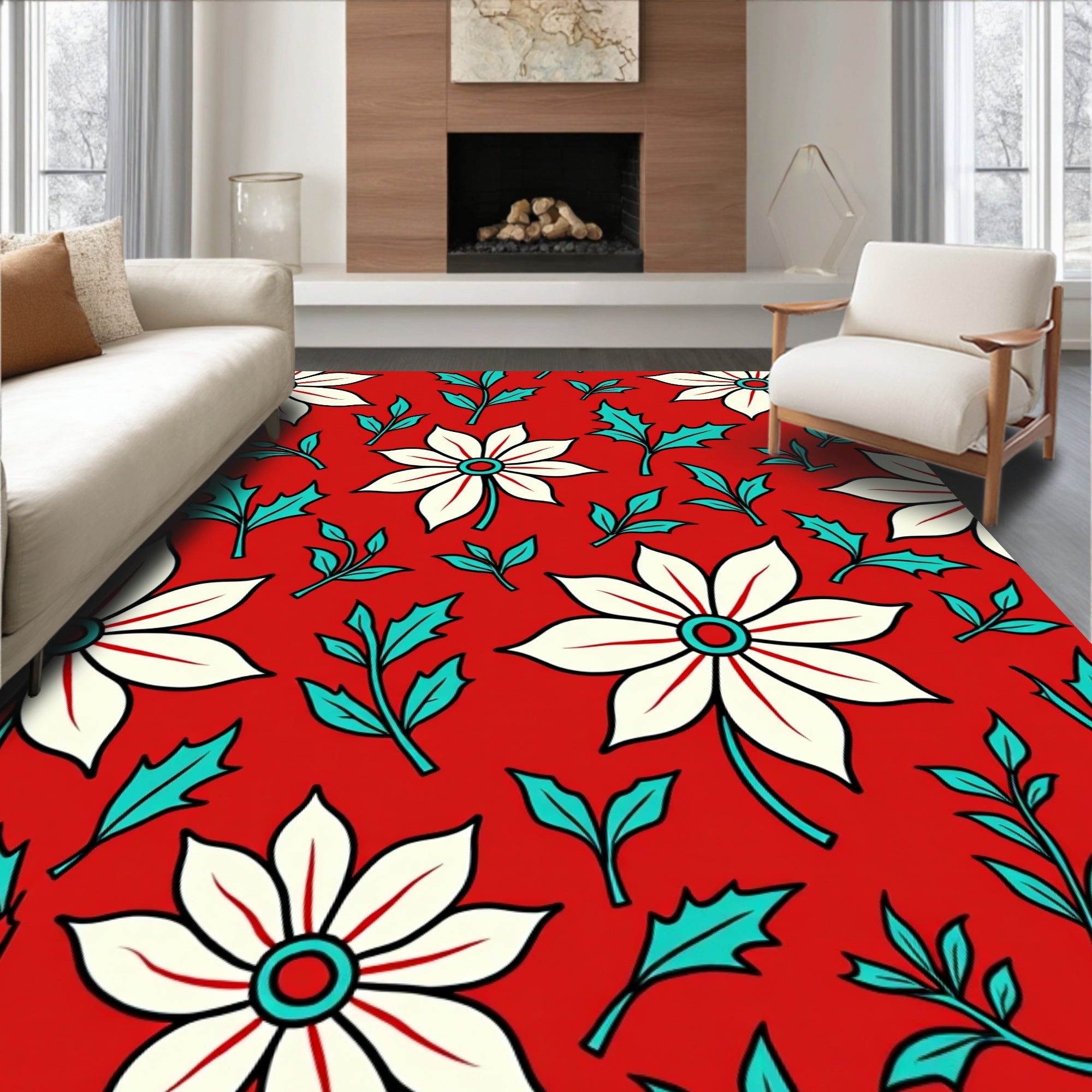Bold Red Floral Leaf Pattern Rug