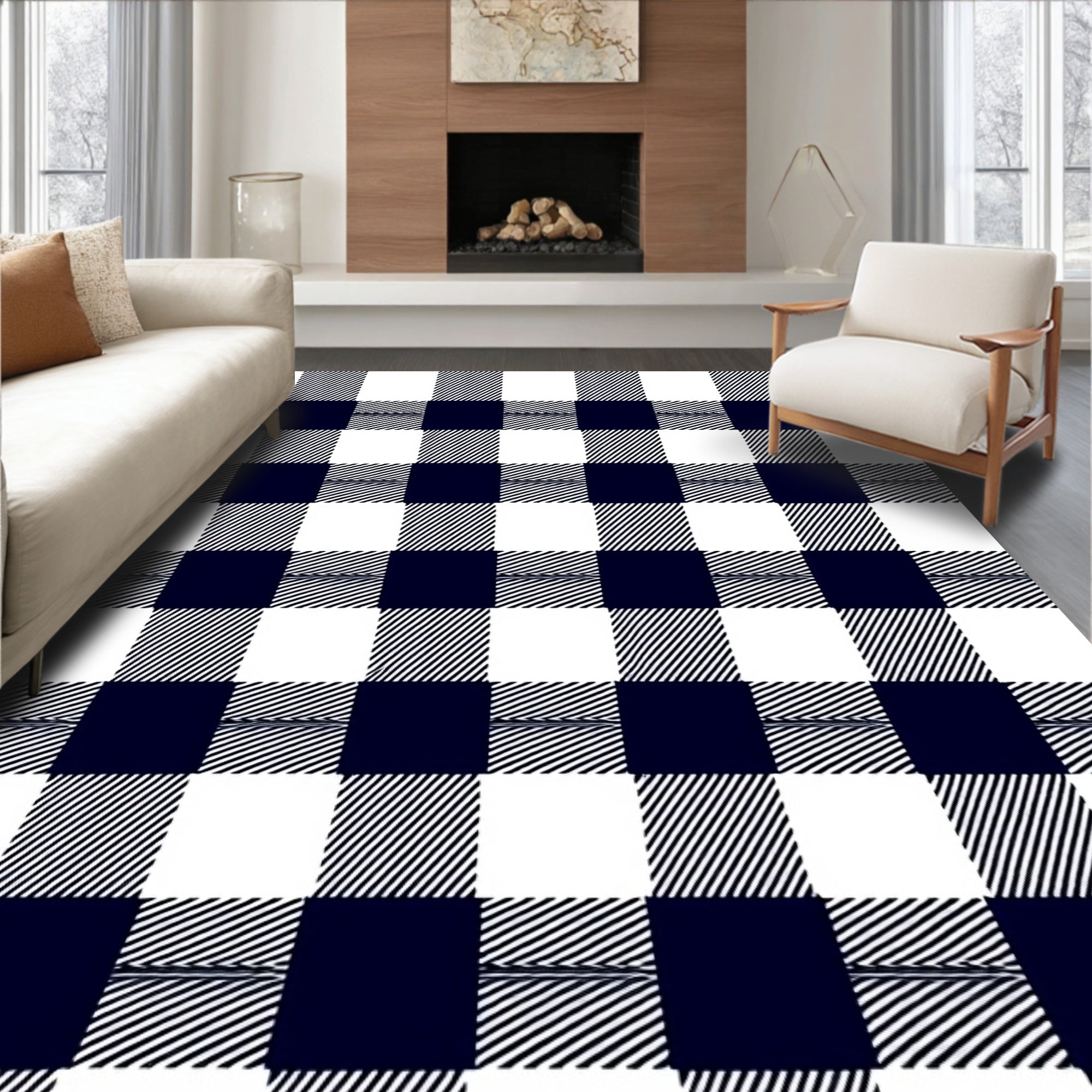 Classic Navy White Gingham Check Rug