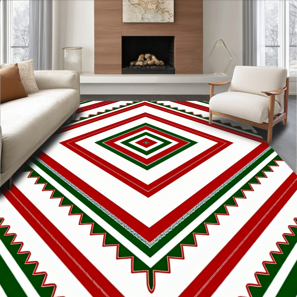 Red Green Diamond Geometric Design Rug