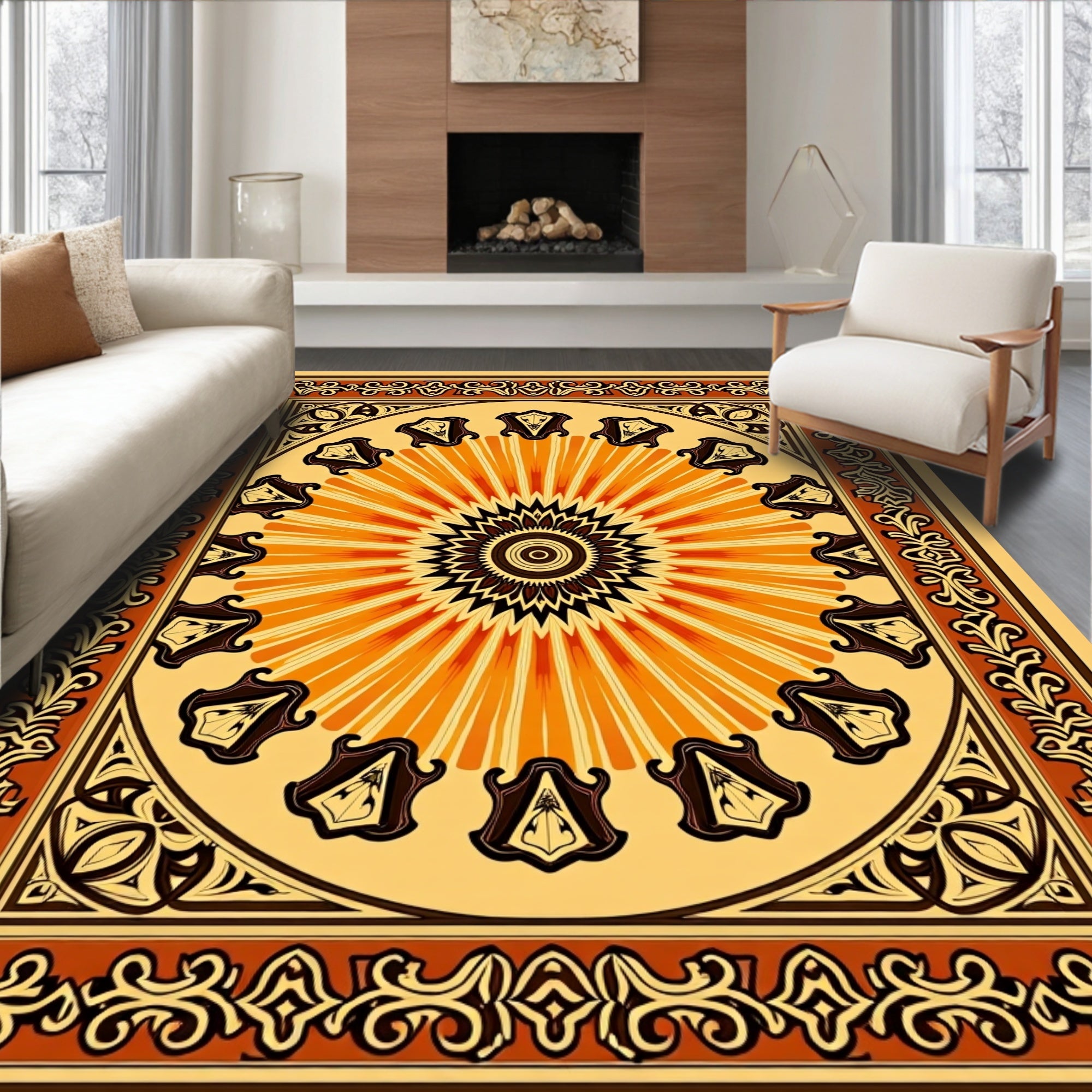 Intricate Sunburst Floral Bordered Pattern Rug
