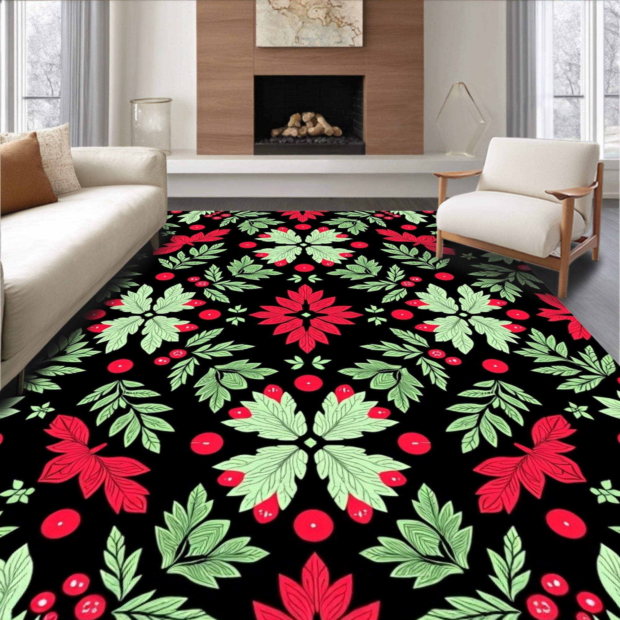 Red Green Leaf Berry Medallion Rug