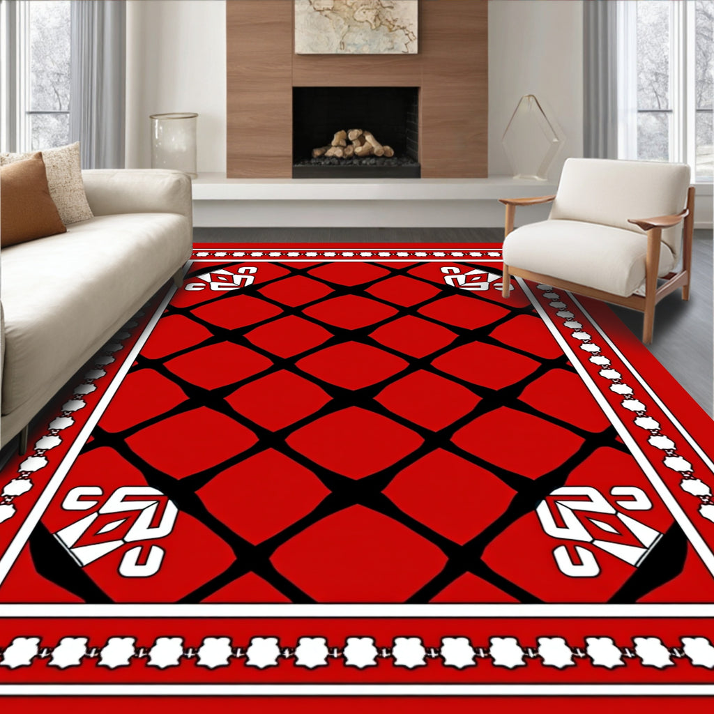 Red Black Geometric Tile Pattern Rug