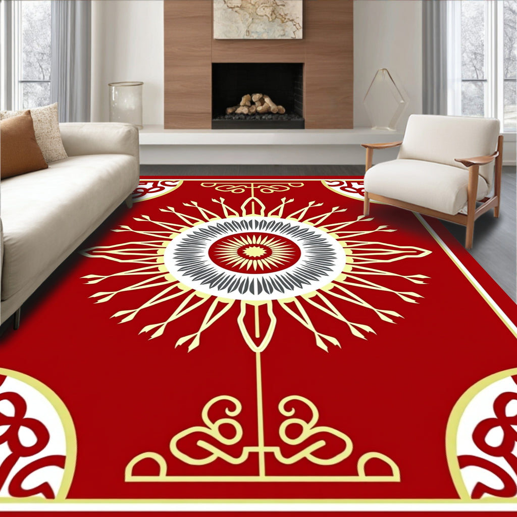 Central Sunburst Geometric Design Red Rug