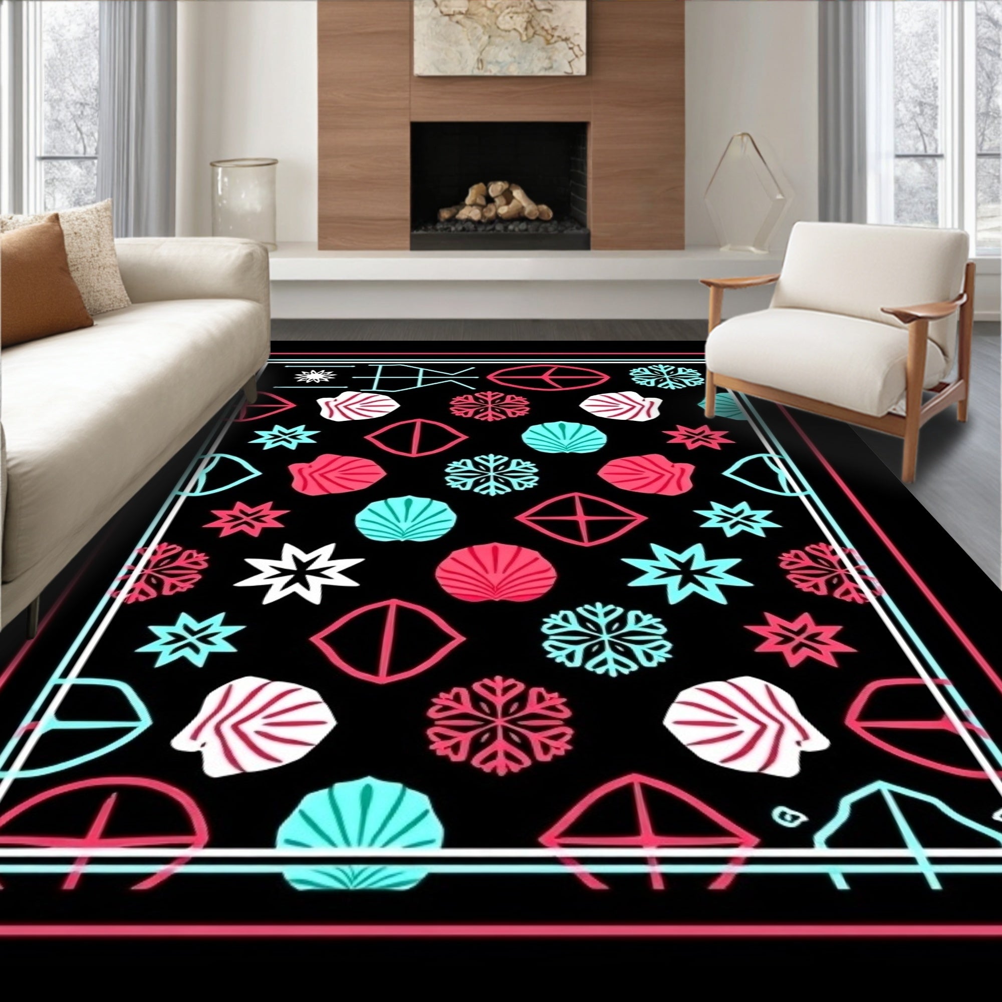 Geometric Snowflakes Shells Design Rug