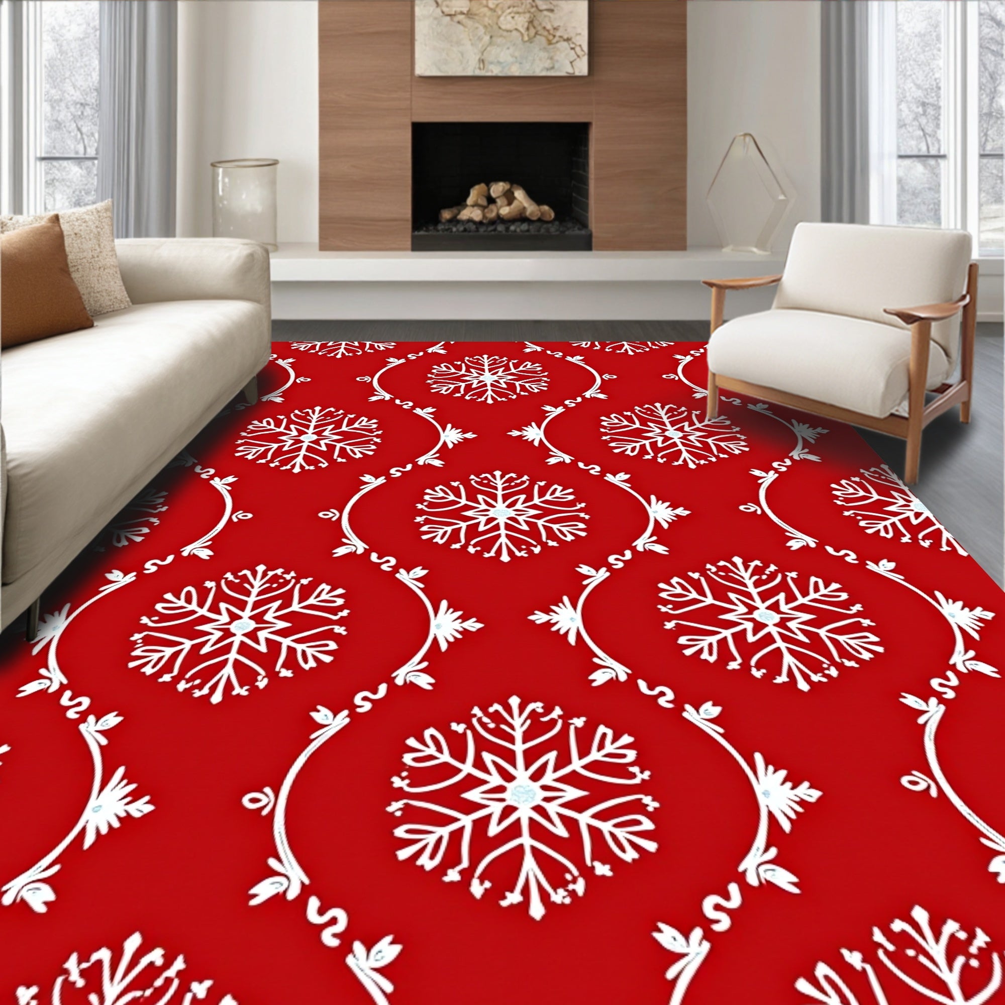 Red White Snowflake Damask Pattern Rug