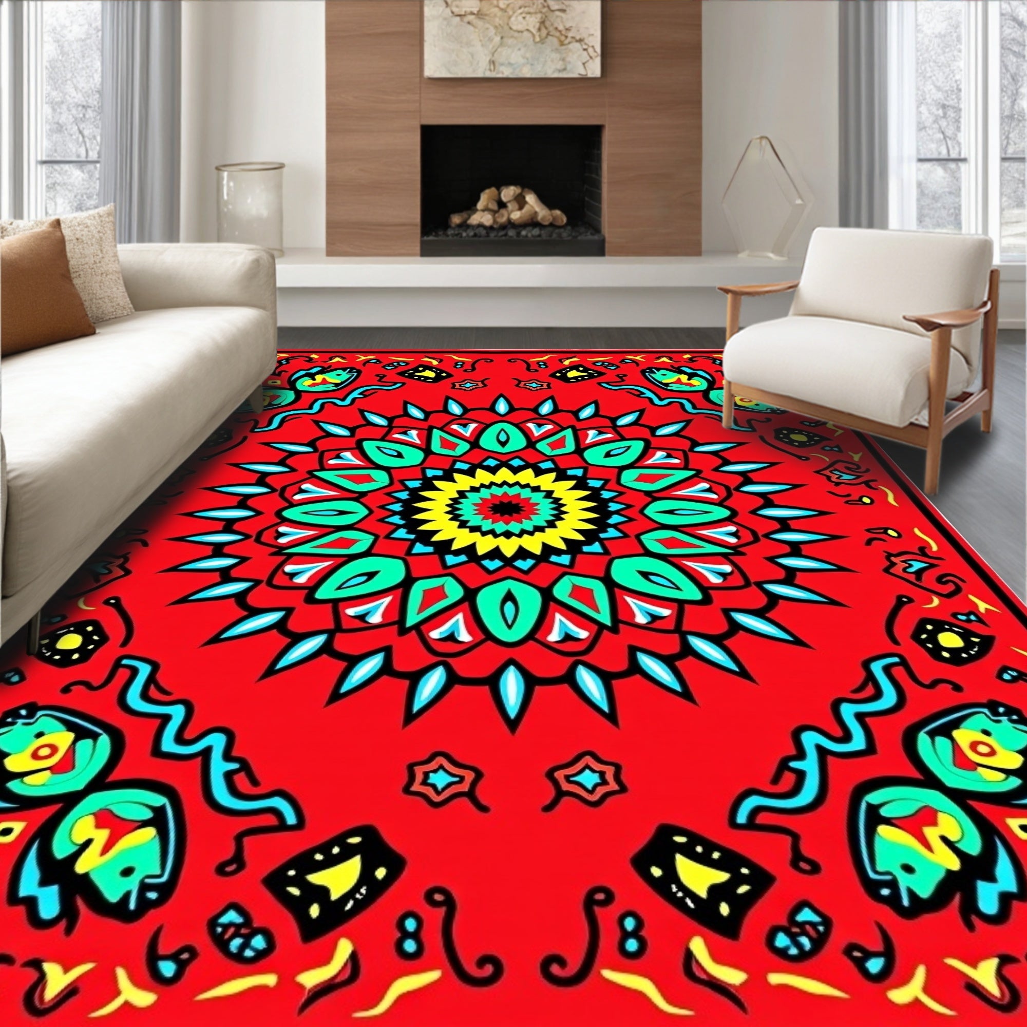 Vibrant Red Floral Mandala Design Rug