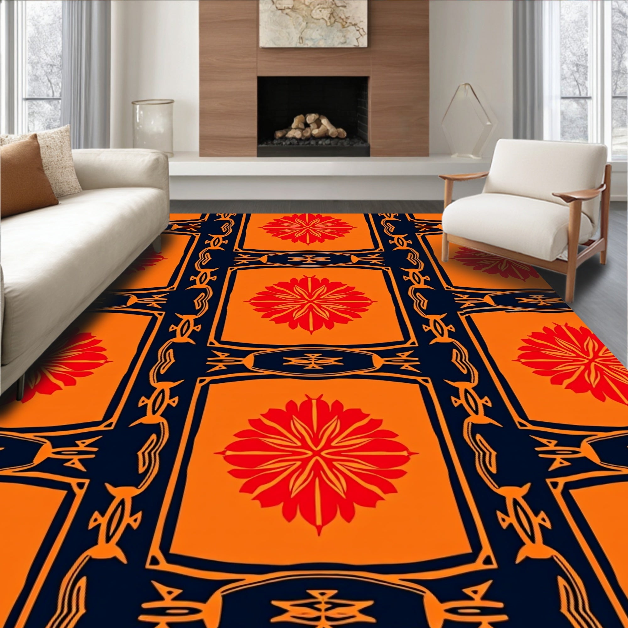 Bold Orange Red Floral Pattern Rug