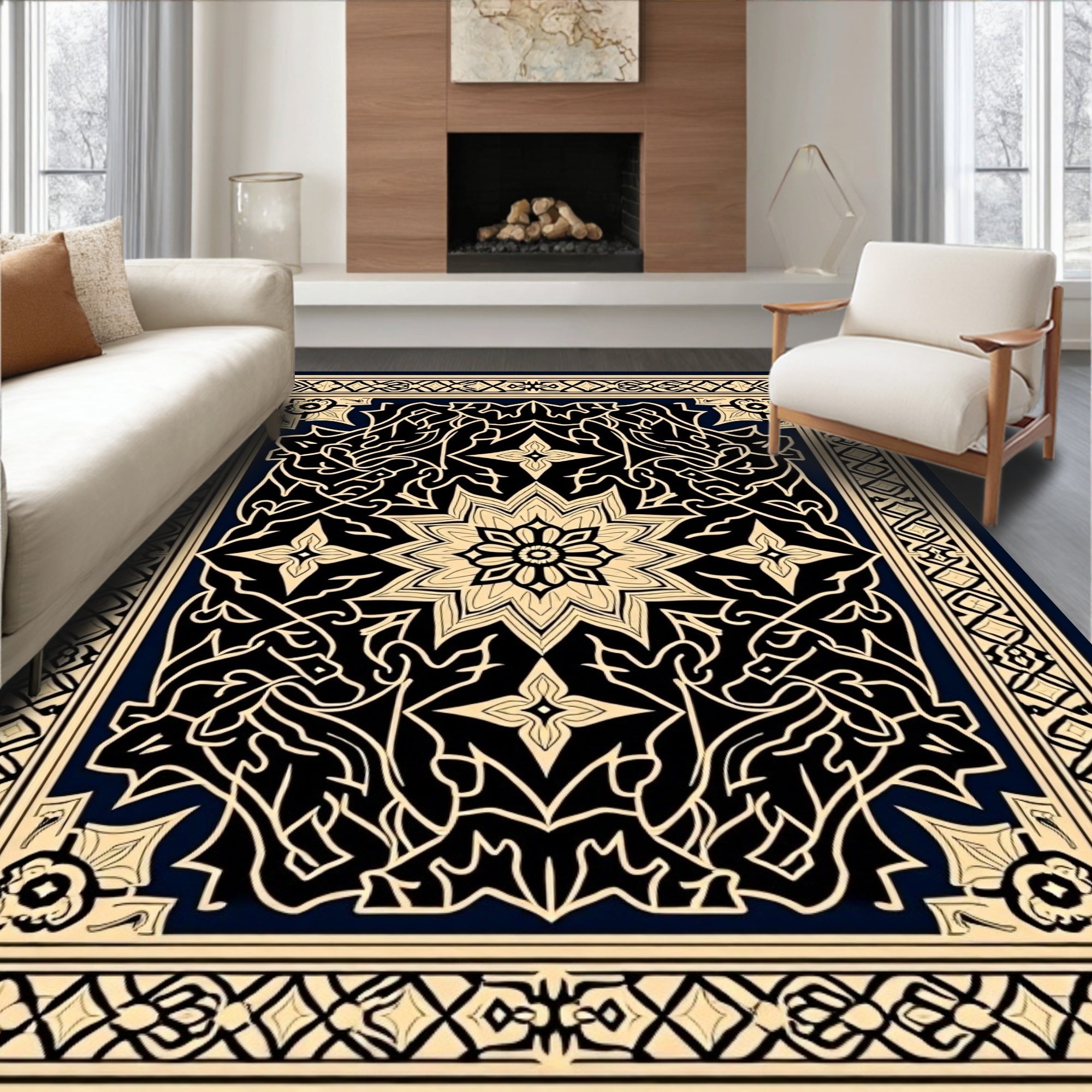 Elaborate Black Gold Floral Medallion Design Rug
