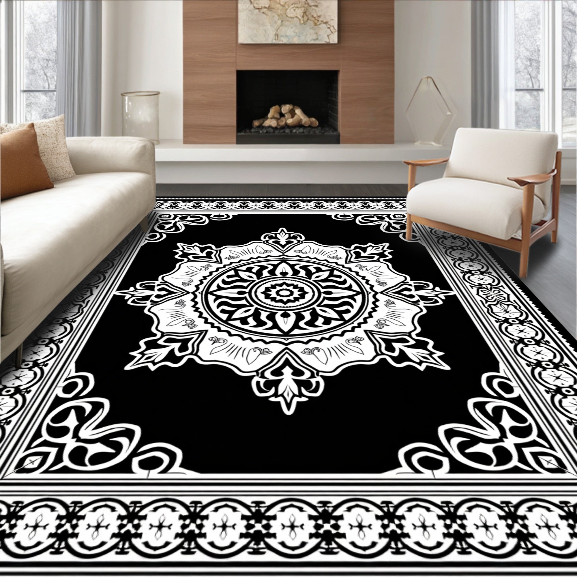 Black White Intricate Mandala Design Rug
