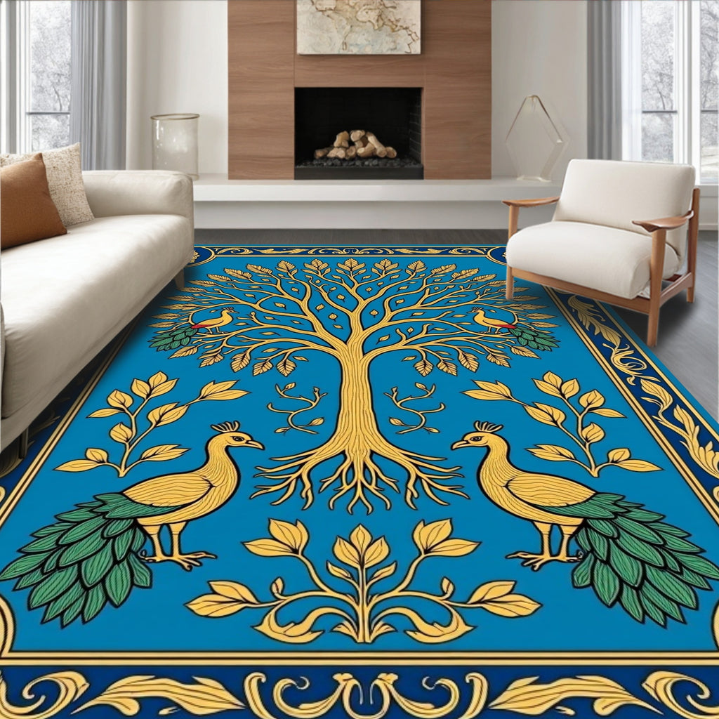Golden Tree And Peacock Pattern Accent Rug