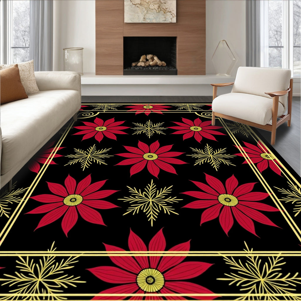 Red Floral Yellow Star Inlay Design Rug