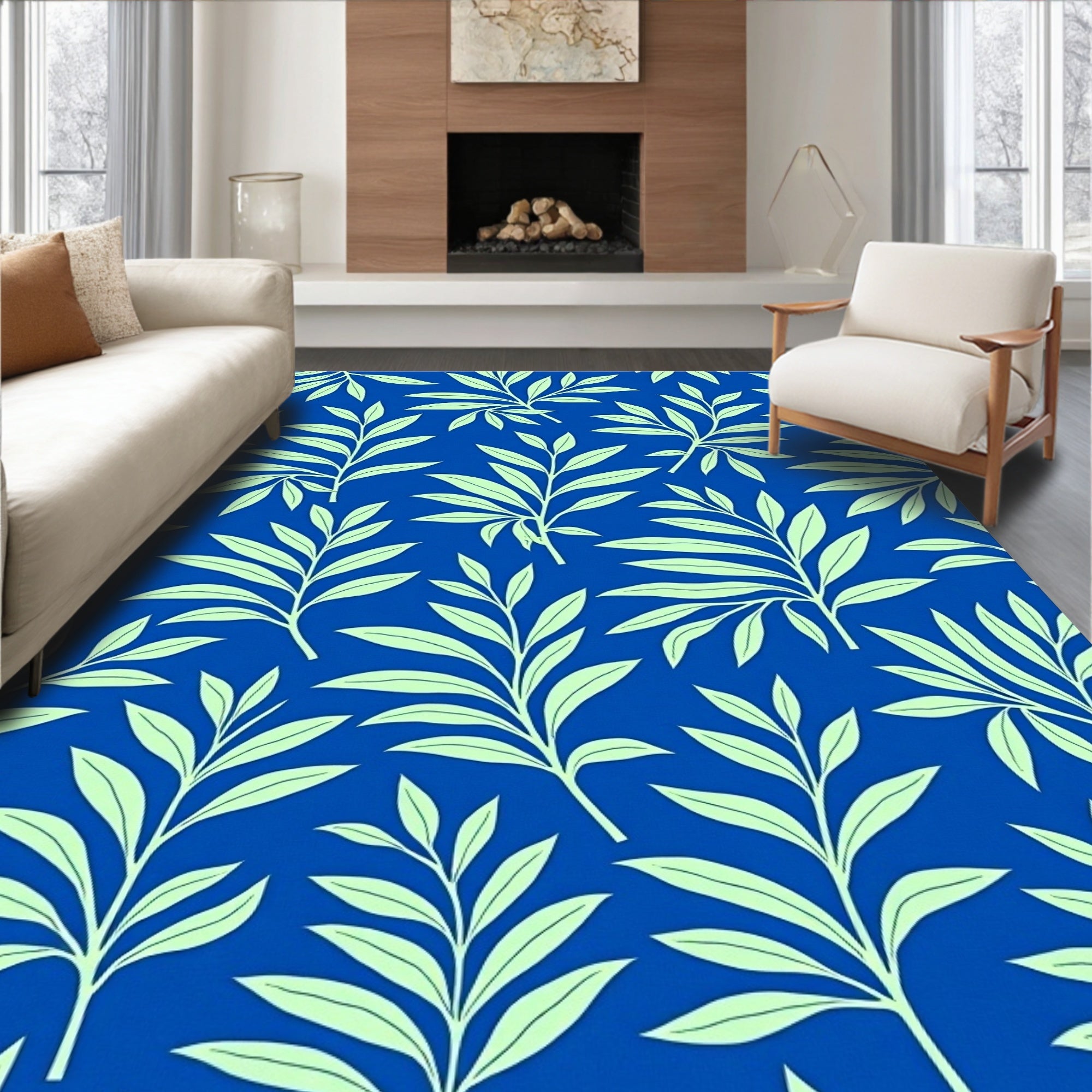 Tropical Leaf Pattern Blue Rug