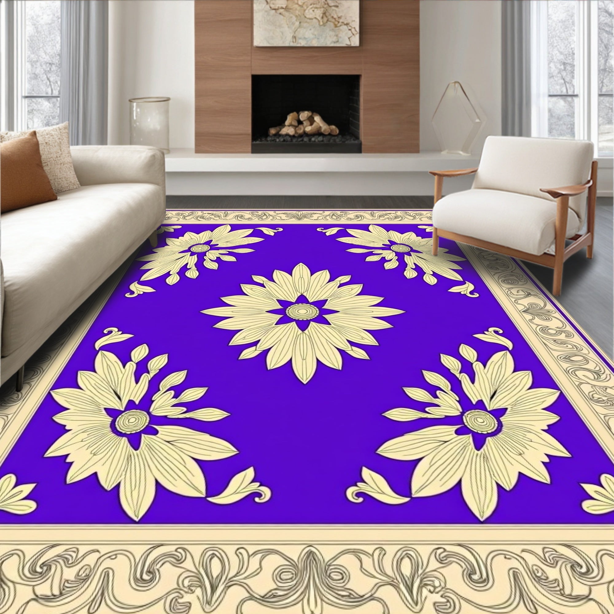 Ornate Floral Center With Border Design Rug