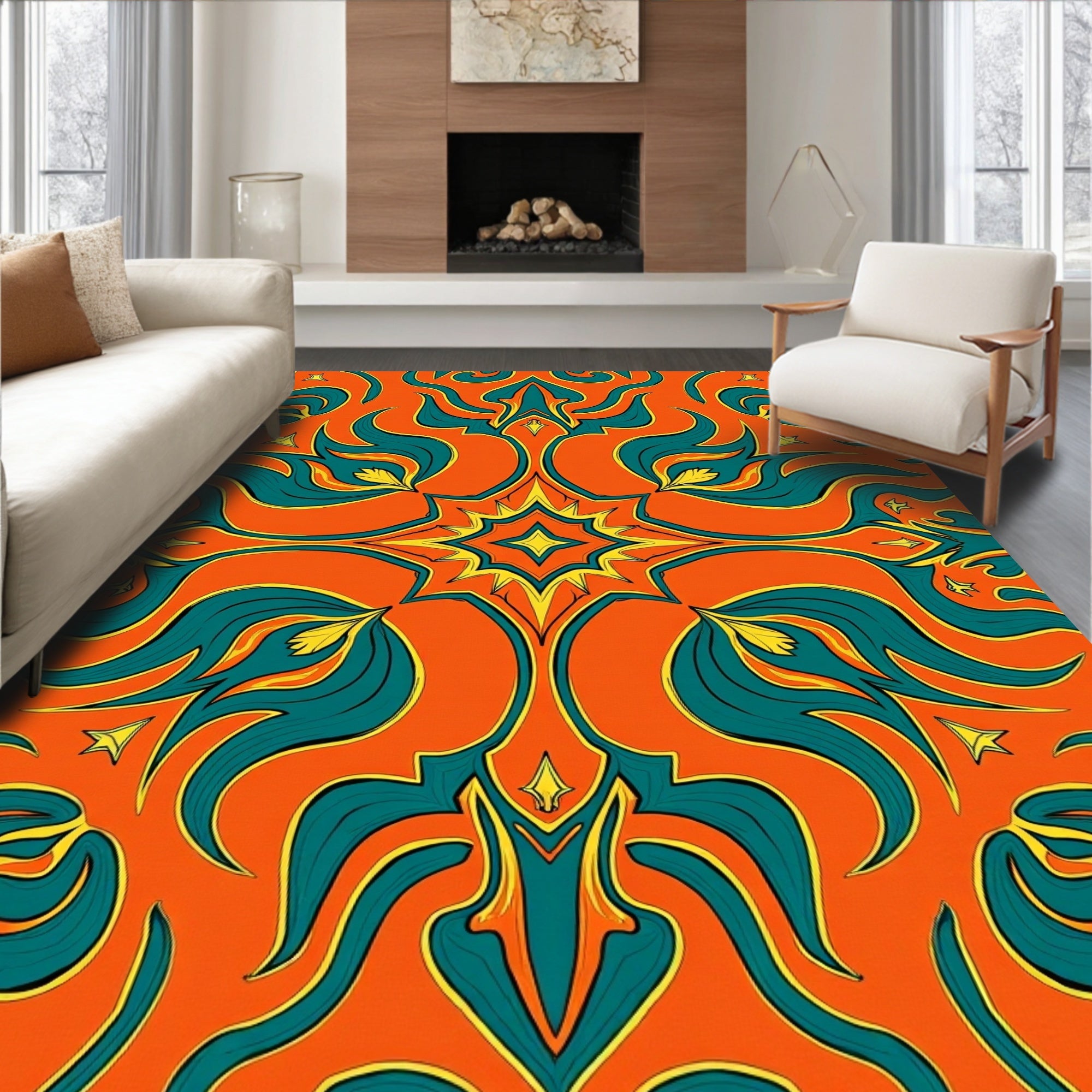 Vibrant Teal Golden Leaf Pattern Rug