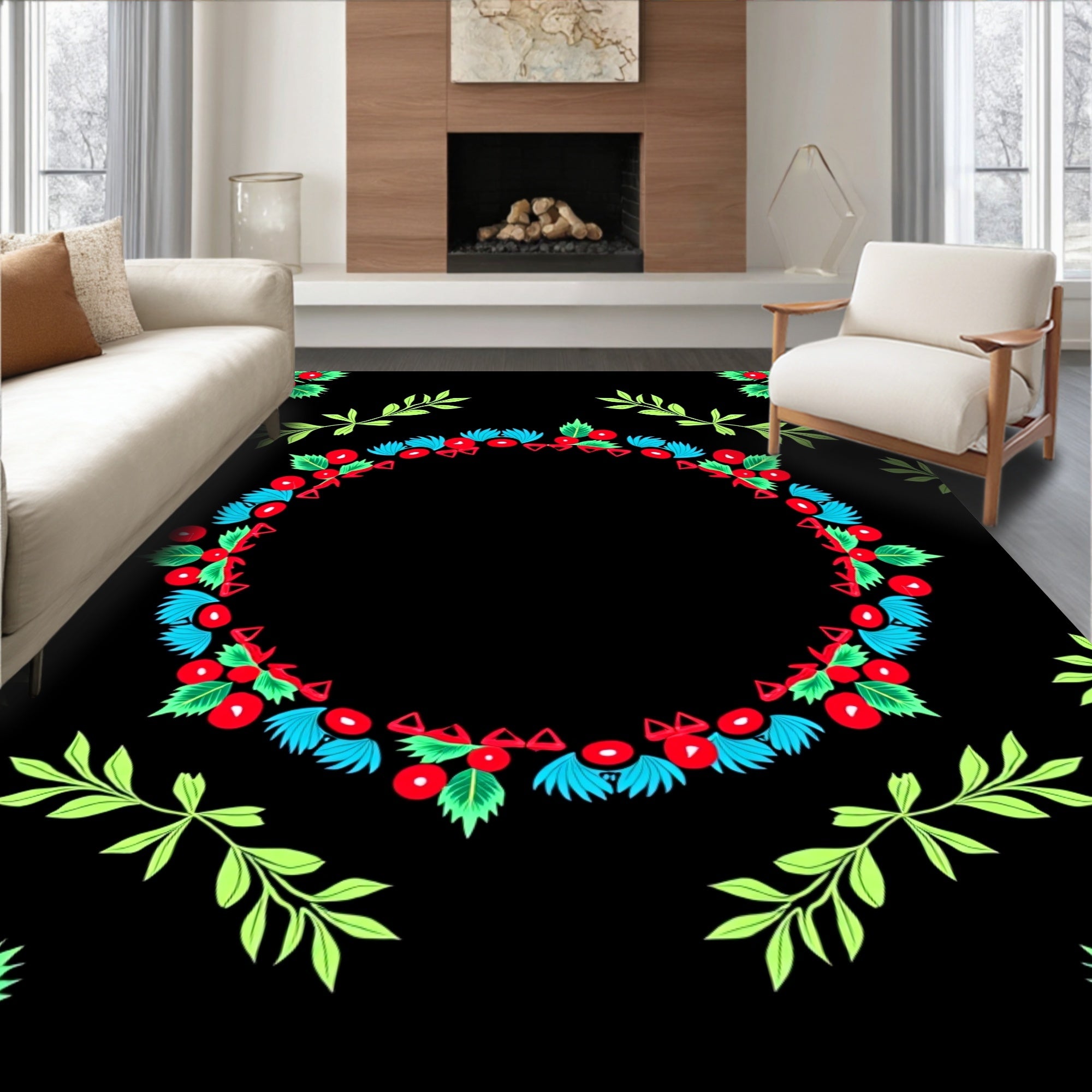 Red Cherry Green Leaf Wreath Rug