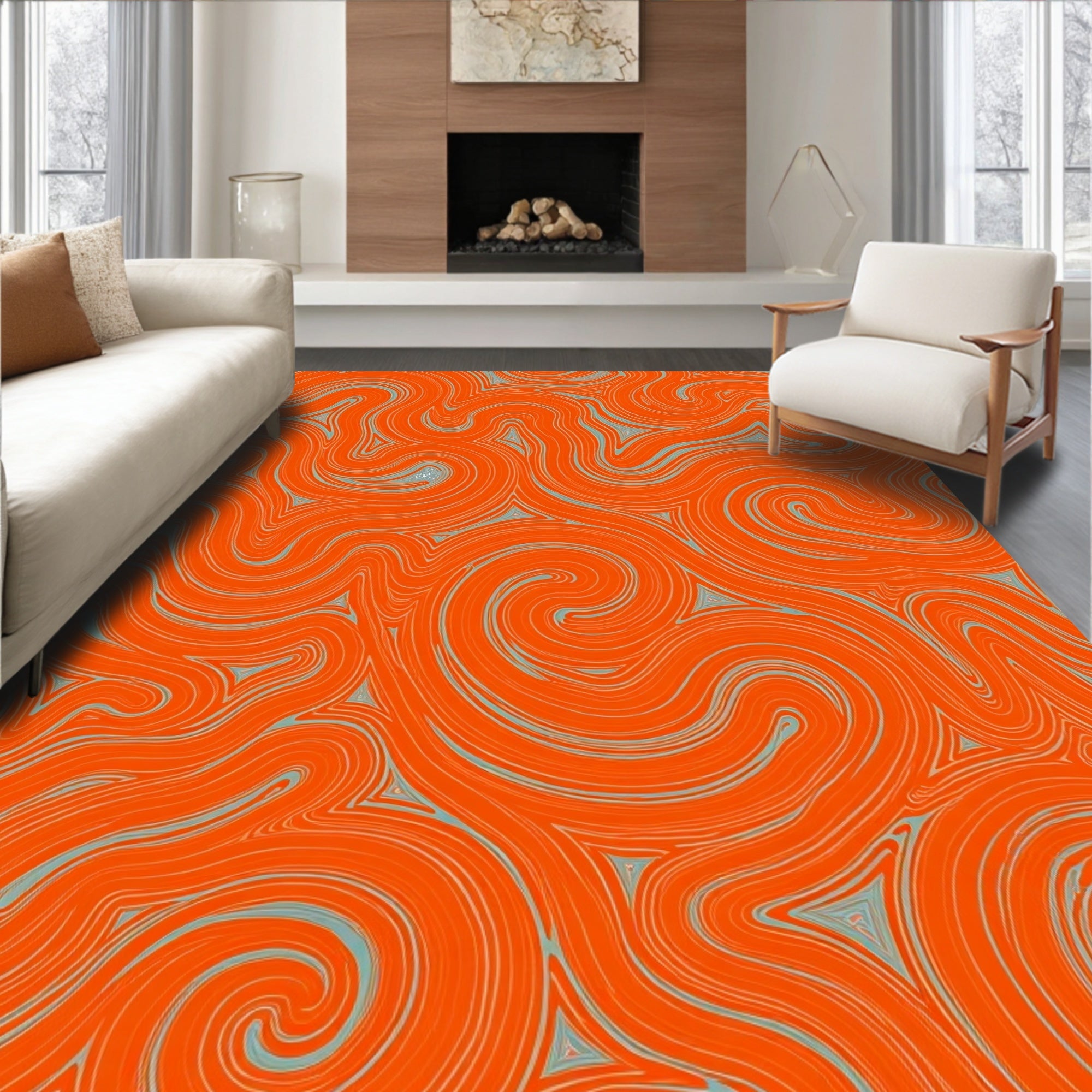 Swirling Orange Teal Abstract Pattern Rug