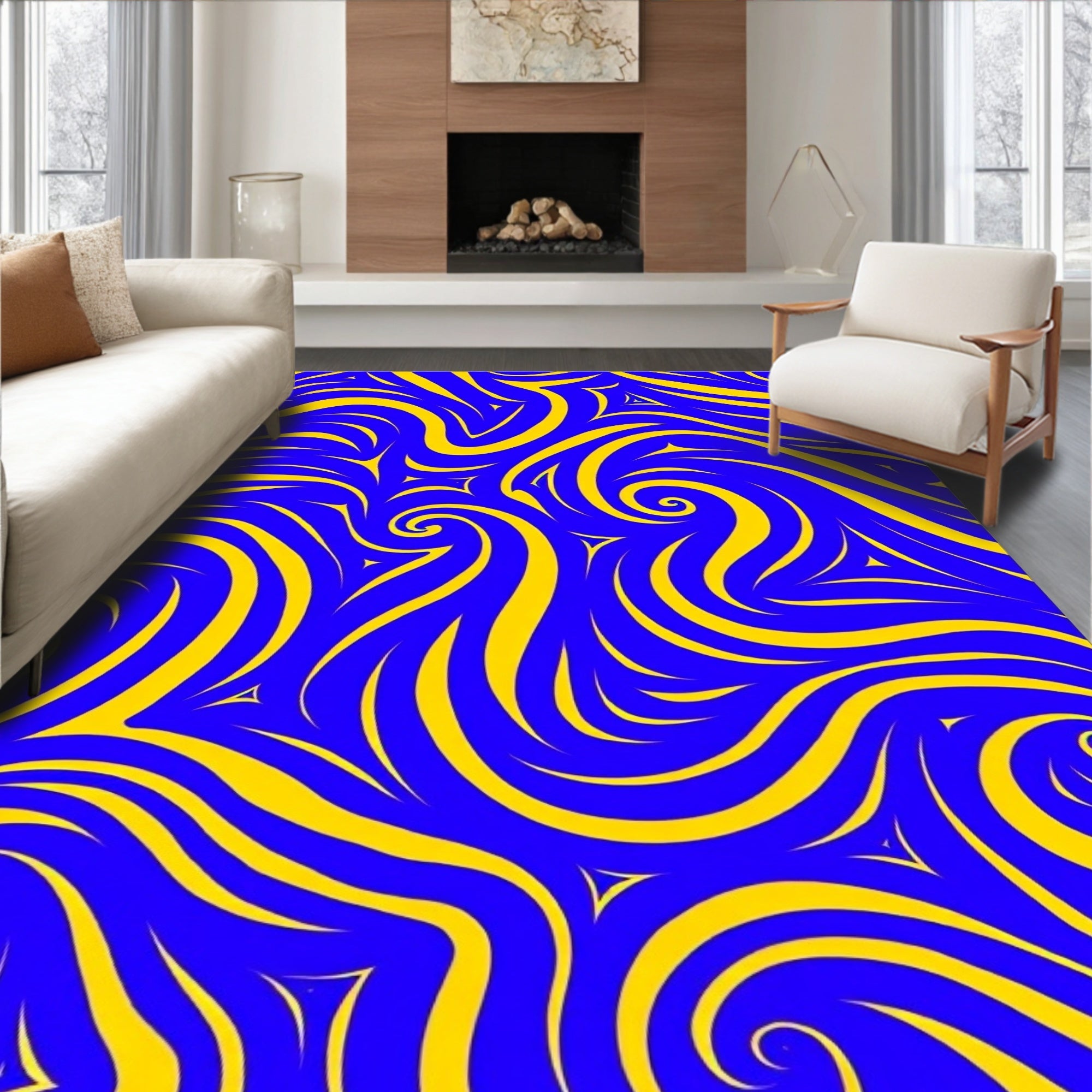 Bold Blue Yellow Swirl Pattern Rug