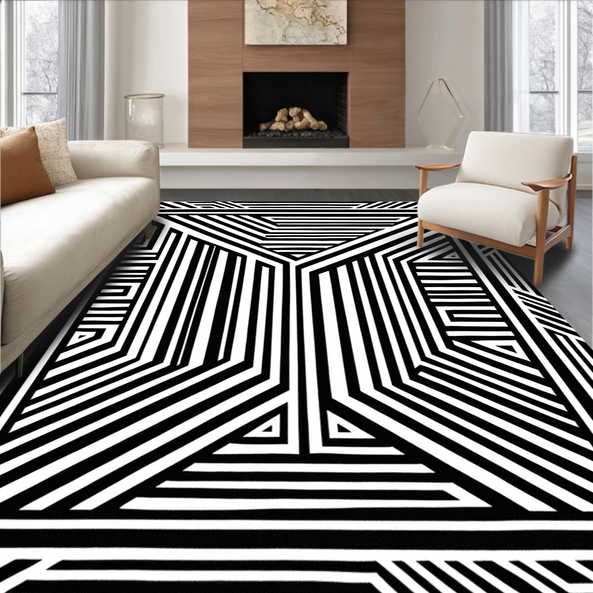Graphic Black White Geometric Lines Rug