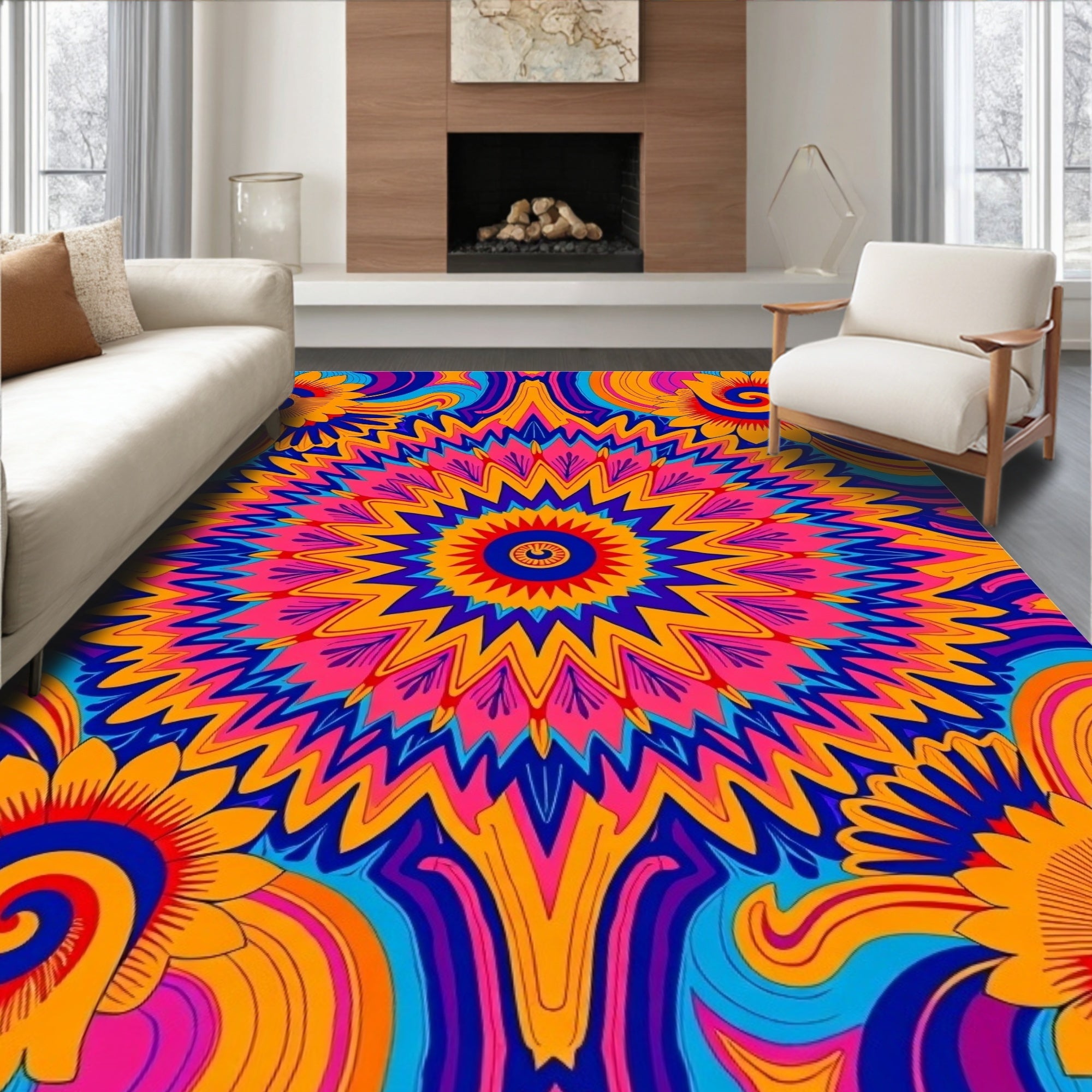 Vibrant Psychedelic Floral Sunburst Rug