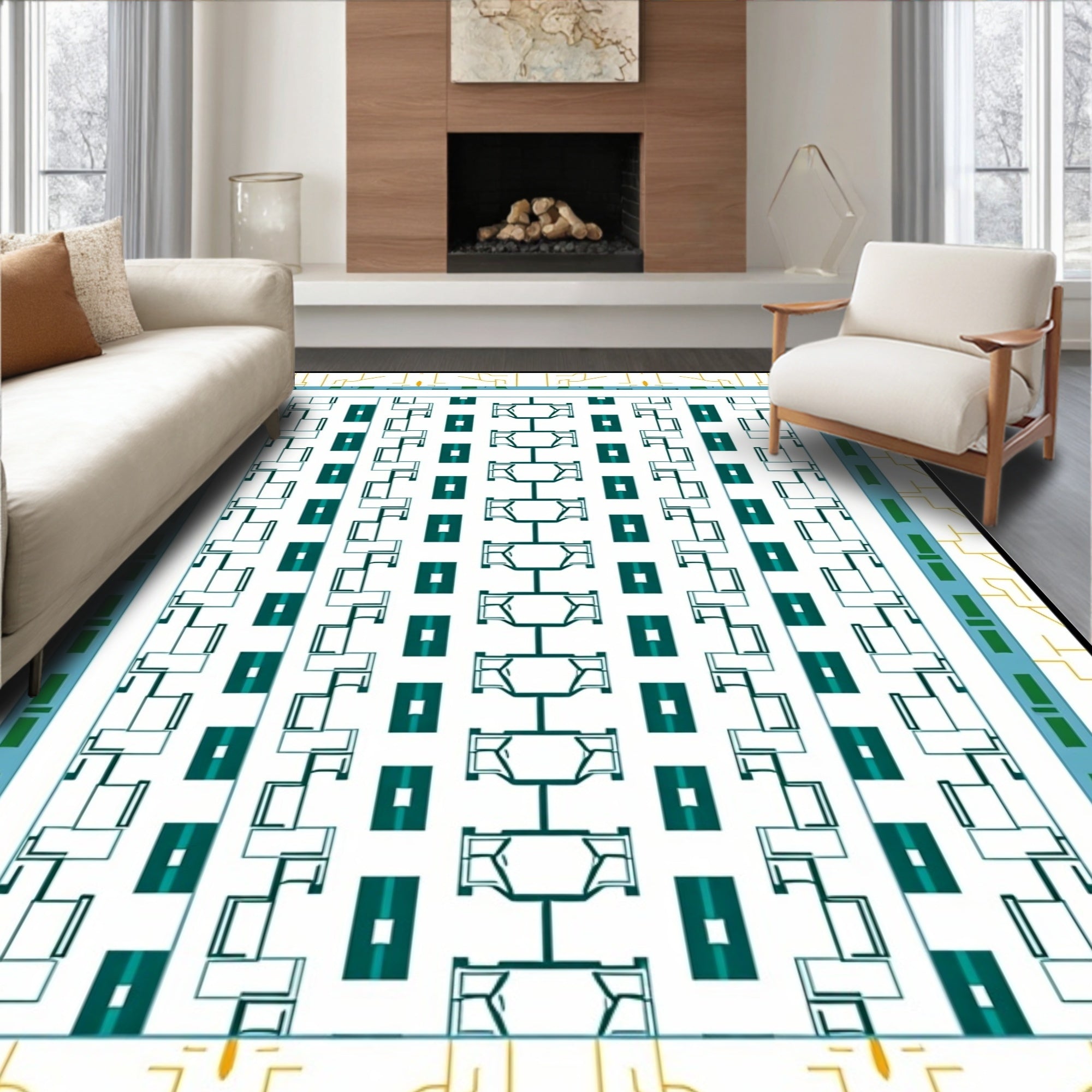 Geometric Teal White Repeating Pattern Rug